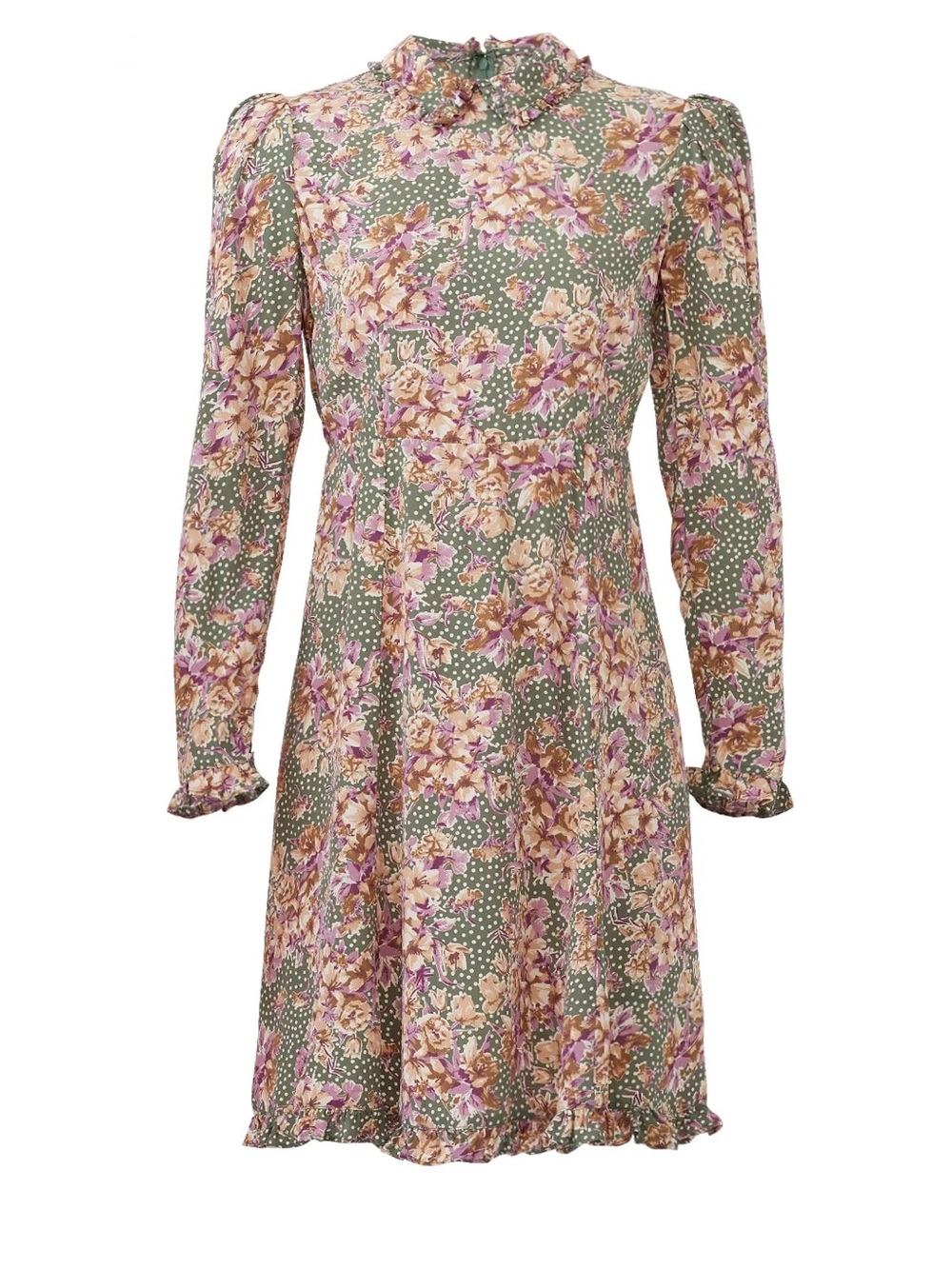 ByTiMo Green Floral Ruffle-Neck Long Sleeve Dress Size Small EUC